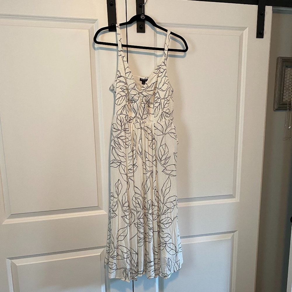 IVORY & BLACK LEAF SMOCKED SIDE MIDI DRESS NWT 0